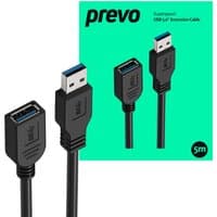 Black PREVO USB 3.0 cable with USB A connectors, 5m length, blue interior detailing, and green packaging.