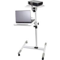 White ProperAV mobile desk workstation with adjustable height, two shelves for laptop and projector, and rolling wheels.