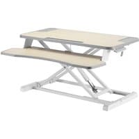 Two-tier stand-up desk converter with gas spring lift, beige worktops, and white metal frame by ProperAV.