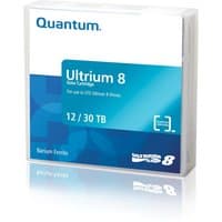 Quantum LTO Ultrium 8 data tape, white and blue casing, 12/30 TB capacity, compact square design.