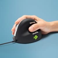 Black R-Go Tools ergonomic wired mouse with vertical design, green logo, and silver buttons, for right-handed users.
