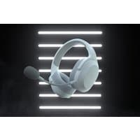 White Razer Barracuda X headset with head-band, detachable mic, USB Type-C, Bluetooth, glowing in front of neon lines.