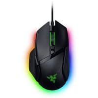 Black Razer Basilisk V3 gaming mouse with RGB lighting, ergonomic design, and scroll wheel.