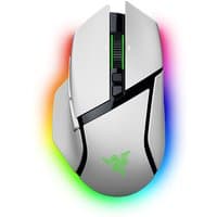White Razer Basilisk V3 Pro gaming mouse with RGB lighting, ergonomic design, and scroll wheel.