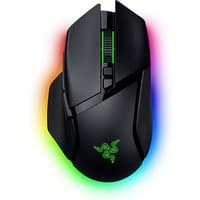 Black Razer Basilisk V3 Pro gaming mouse with RGB lighting, ergonomic design, and green logo on top.