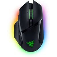 Black Razer Basilisk V3 Pro mouse with RGB lighting, ergonomic design, and green scroll wheel.