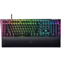 Black Razer BlackWidow V4 gaming keyboard with RGB backlit keys, UK layout, and detachable wrist rest.