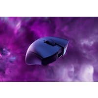Black Razer DeathAdder V3 Pro wireless gaming mouse with ergonomic design, set against a purple cloud backdrop.