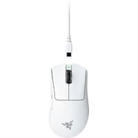 White Razer DeathAdder V4 Pro gaming mouse, right-hand design, with USB Type-C cable and sleek ergonomic shape.