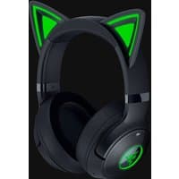 Black Razer Kraken Kitty V2 BT wireless headset with glowing green cat ears and Razer logo on ear cups.