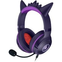 Pink Razer Kraken Kitty V2 headset with Gengar-themed purple ears and spikes, wired USB Type-A connection, and mic.
