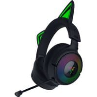 Black Razer Kraken Kitty V3 Pro headset with green cat ears, RGB lighting, detachable mic, USB Type-A, and Bluetooth.