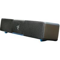 Black Razer Leviathan V2 X PC gaming soundbar with mesh front, Razer logo, and blue accents on the base.