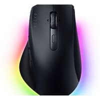 Black Razer Pro Click V2 mouse with scroll wheel, ergonomic design, RGB lighting, and USB Type-C connectivity.