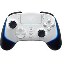 White Razer Wolverine V2 Pro gamepad with black grips, blue accents, and multiple buttons for PC and PlayStation 5.