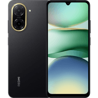 Black Redmi A5 smartphone with dual rear cameras, 6.52-inch display, and sleek design.