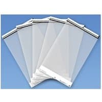 Clear Ricoh ScanSnap scanner carrier sheets with black top strip and white bottom label, fanned out on blue background.