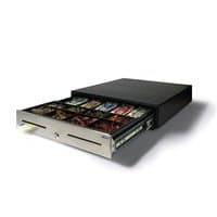 Black Safescan HD-4646S cash drawer with stainless steel front, multiple bill and coin compartments, and key lock.