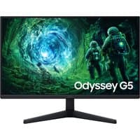 Samsung 27" Odyssey G5 gaming monitor with slim bezels, curved screen, and vivid sci-fi imagery on display.