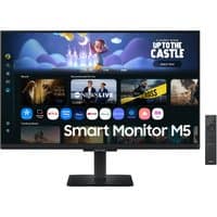 Samsung 27" Smart Monitor M5 with black frame, FHD display, streaming apps interface, and slim remote control.