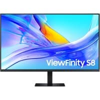 Samsung 37" S80UD UHD monitor with slim bezels, USB-C port, and KVM switch, displaying vibrant abstract graphics.