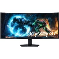 Curved Samsung 40" Odyssey G7 gaming monitor with vibrant display, slim bezels, and sturdy black stand.