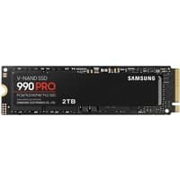 Black Samsung 990 PRO 2 TB M.2 NVMe SSD with gold connector and red PRO branding on a sleek rectangular design.