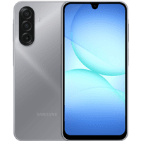 Gray Samsung Galaxy A17 smartphone, 6.7-inch display, triple rear cameras, teardrop notch, sleek design.