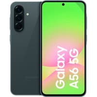 Samsung Galaxy A56 5G smartphone, graphite color, 6.7-inch display, triple rear cameras, and centered front camera.