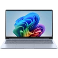 Samsung Galaxy Book4 Edge laptop, 15.6" display, silver body, sleek design, colorful screen graphic.