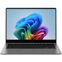 Samsung Galaxy Book5 Pro, 14-inch laptop, sleek silver design, black keyboard, vibrant display with colorful swirl graphic