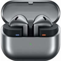 Silver Samsung Galaxy Buds3 in an open charging case, featuring sleek earbuds with black accents and LED indicators.