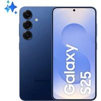 Navy Samsung Galaxy S25 smartphone with triple rear cameras, edge-to-edge display, and centered front camera.