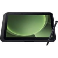 Green Samsung Galaxy Tab Active5 Pro with stylus, rugged design, 10.1" display, and black protective casing.