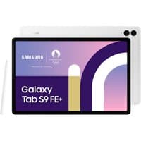 Samsung Galaxy Tab S9 FE+ with 12.4" display, white back, dual rear cameras, and stylus pen.