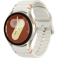 White Samsung Galaxy Watch7 Bluetooth, 40mm, with round display and colorful abstract watch face.