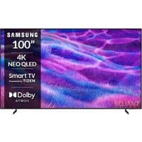 Samsung 100" 4K Neo QLED Smart TV with thin black bezel, vibrant display, Dolby Atmos, and Tizen OS branding.
