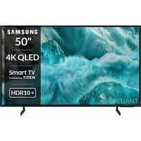 Samsung 50" Q7F2 4K QLED Smart TV with thin black bezel, HDR10+ support, and vibrant ocean wave display.