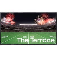 Samsung 55" 4K Neo QLED outdoor TV with slim black frame, displaying fireworks over a football field.