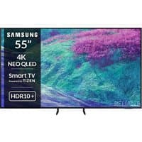 Samsung 55" 4K Neo QLED Smart TV with thin black bezel, HDR10+ display, and Tizen OS branding on screen.