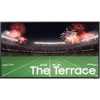 Samsung 75" 4K Neo QLED Terrace Outdoor Smart TV displaying a stadium with fireworks and "The Terrace" text.