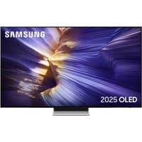 Samsung 83" S90F OLED 4K Smart TV with thin bezels, vivid display, and sleek black stand.