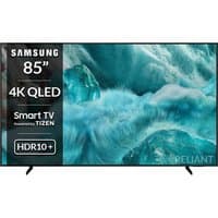 Samsung 85" Q7F2 4K QLED Smart TV with thin black bezel, vibrant ocean scene display, HDR10+ technology.