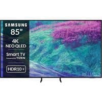 Samsung 85" 4K Neo QLED Smart TV with thin bezels, HDR10+ display, and Tizen OS branding on the screen.