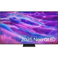 85" Samsung Neo QLED 4K Smart TV with thin bezels, vibrant purple and blue display, and central stand.