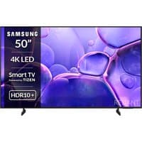 Samsung 50" U8020F 4K LED Smart TV with slim black bezel, HDR10+ support, and vibrant purple bubble display.
