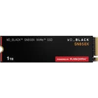 Black SanDisk WD_BLACK SN850X NVMe SSD, 1TB, sleek design with red SanDisk logo and gold connector edge.