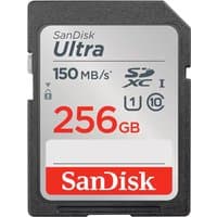 SanDisk Ultra 256GB SDXC card, black with silver label, red text, 150MB/s speed, UHS-I, Class 10.