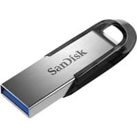 Black and silver SanDisk ULTRA FLAIR USB flash drive, 128 GB, USB Type-A 3.2 Gen 1, sleek design with looped end.