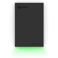 Black Seagate Game Drive external hard drive with Xbox logo, rectangular shape, subtle green glow at the base.
